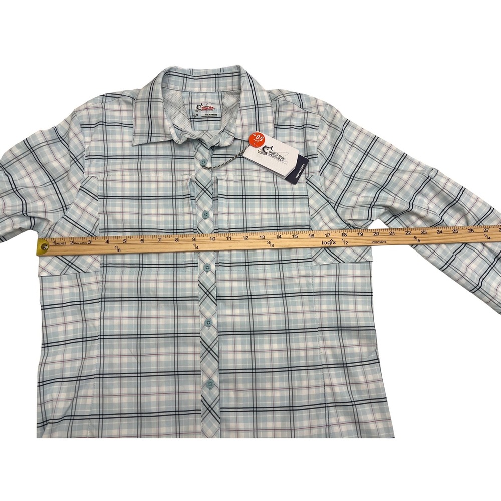 World Wide Sportsman Womens S Fishing Shirt Blue Plaid UPF 50 Vented Long Sleeve - Picture 6 of 10